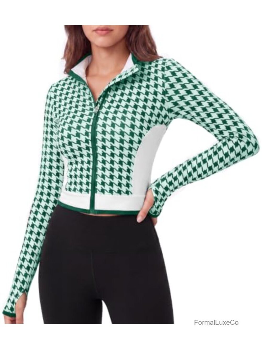 Houndstooth Cropped Zip Up Athletic Jacket Thumb Holes Slim Fit